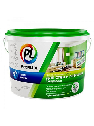Краска водно-дисперсионная, Profilux, PL-04A, акриловая, для стен и потолков, матовая, супербелая, 7 кг