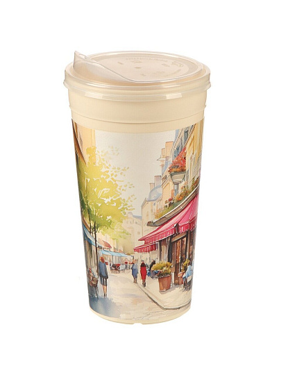 Стакан 500 мл, пластик, Город 2, с крышкой, с декором, СТК-3629