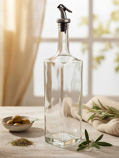 Бутылка для масла, стекло, 1 л, с пластиковым дозатором, прозрачная, 02800-00001