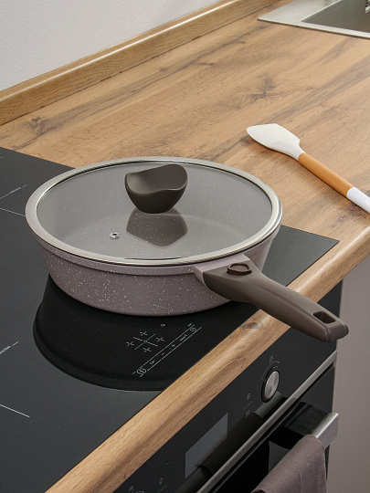 Сковорода литой алюминий, 26 см, антипригарное покрытие, Горница, Дуэт Черничный мусс, с крышкой, съемная ручка, индукция