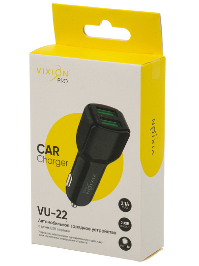Автомобильное зарядное устройство Vixion, VU-22, USB Smart IC, в прикуриватель, 2.1 А, черное, GS-00028939