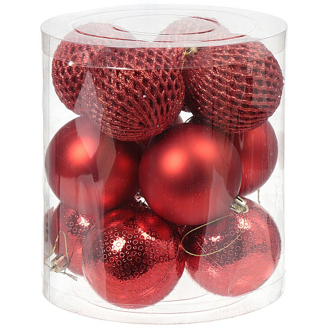 Елочный шар 12 шт, красный, 8 см, пластик, 3 вида, SY18ST-110