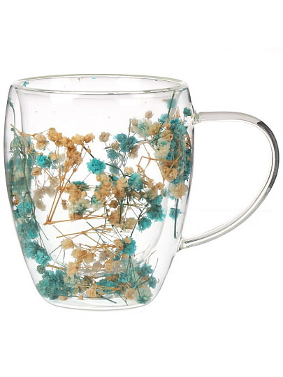 Кружка стекло, 350 мл, Сухоцветы, двойные стенки, в индивидуальной упаковке, B060749, голубая