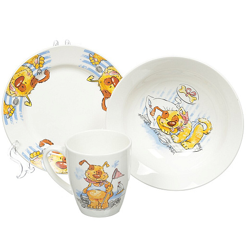 Набор детской посуды из керамики Кубаньфарфор Дружок 0839, 3 предмета (кружка, тарелка, салатник)