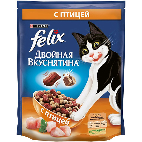 Корм для животных Феликс, Двойная вкусятина, 750 г, для взрослых кошек, сухой, мясо с птицей, пакет, 12384535