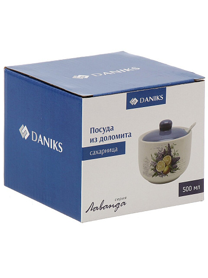 Сахарница 500 мл, доломит, 11.2х11.2х11 см, с ложкой, Daniks, Лаванда