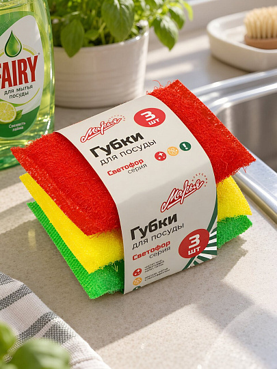 Губка для посуды, 3 шт, Светофор, Марья Искусница