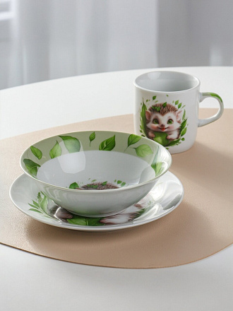 Набор посуды керамика, 3 шт, Ёжик, тарелка 17.5 см, салатник 15 см/350 мл, кружка 230 мл, Daniks