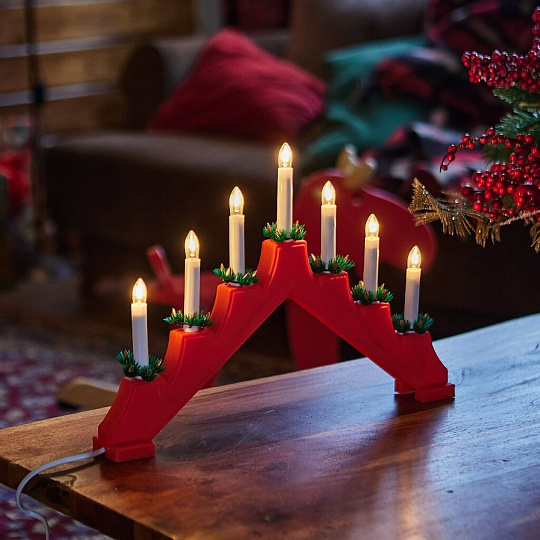 Подсвечник декоративный пластик, 41х29.5 см, красный, Uniel, 7 миниламп, белый свет, UL-00007387