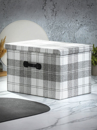 Кофр для хранения, 1 секция, с крышкой, складной, 45х30х30 см, нетканое полотно, с ручкой, с крышкой, светло-серый, Клетка, Y4-7837