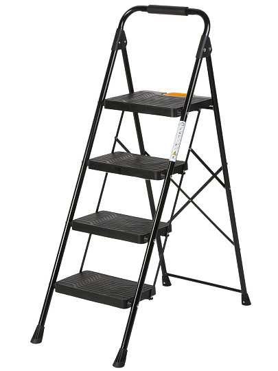 Стремянка 1 секция, 4 ступени, металл, 150 кг, широкая ступень, черный с желтым, WK2226-4