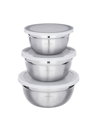 Салатник сталь, круглый, 3 шт, 14, 16, 18 см, с крышкой, Satoshi, 812-080