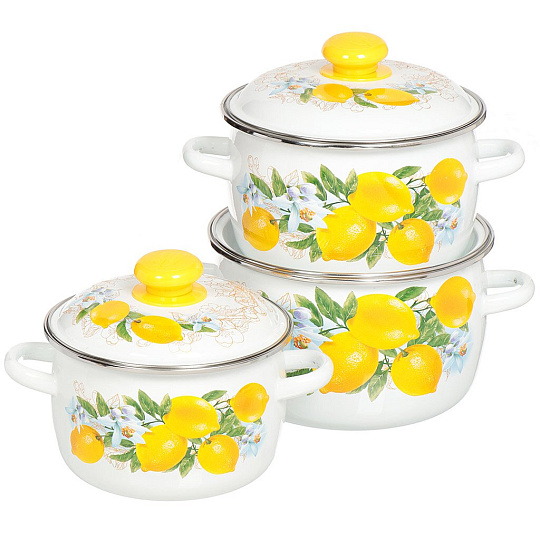 Набор посуды эмалированная сталь, 6 предметов, кастрюля 2 л, 3 л, 4 л, индукция, Сибирские товары, Лимоны 31, N31B97