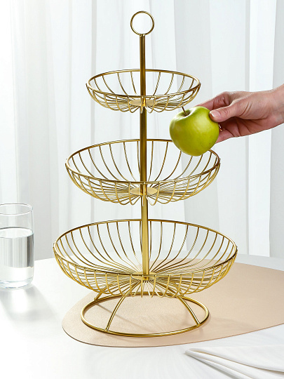 Ваза для фруктов, 3 яруса, металл, на ножке, 30х30х46 см, Y4-7626, золотая