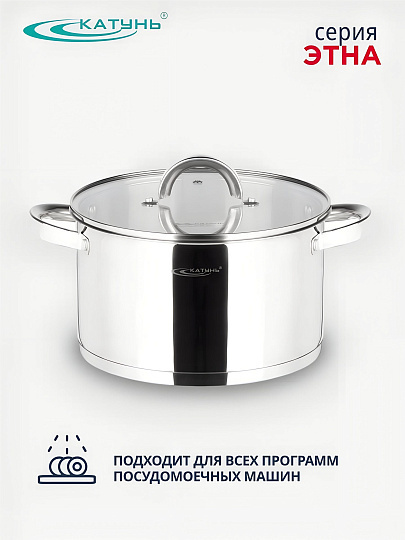 Кастрюля нержавеющая сталь, 4.5 л, крышка стекло, Катунь, Этна, КТ21-D-22, индукция