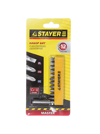 Набор бит Stayer, 12 шт, магнитный адаптер, блистер