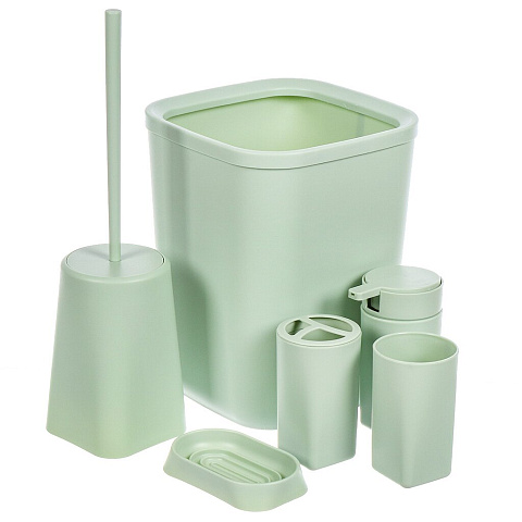 Набор для ванной 6 предметов, зеленый, пластик, урна, дозатор, ершик, подставка для зубных щеток, мыльница, стакан, T2022-7071