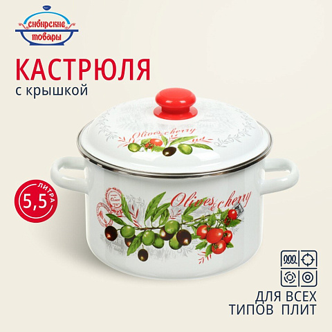 Кастрюля эмалированная сталь, 5.5 л, с крышкой, крышка сталь, цилиндрическая, Сибирские товары, Оливки и черри, 3MD221P, индукция