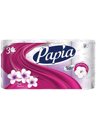 Туалетная бумага Papia, Балийский цветок, 3 слоя, 8 шт, 18.8 м, с втулкой