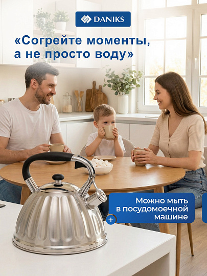 Чайник нержавеющая сталь, 3 л, со свистком, сатинированный, ручка бакелитовая, Daniks, индукция, GS-04611