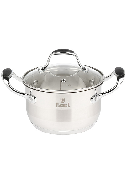 Кастрюля нержавеющая сталь, 1.9 л, крышка стекло, RasheL, R-19-16, серая, индукция