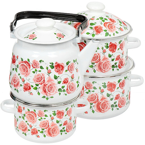 Набор эмалированной посуды Сибирские товары Роза плетистая 27 N27B88 (кастрюля 2+3+4 л, чайник), 8 предметов
