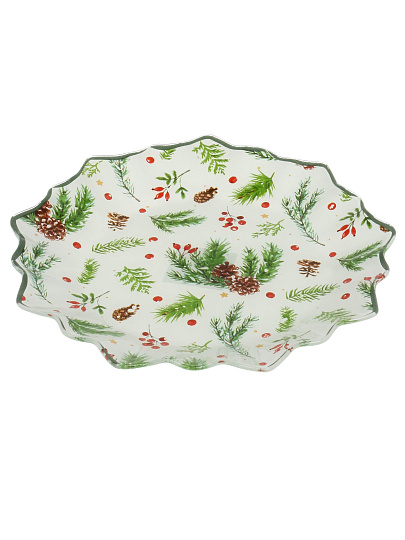 Блюдо стекло, 24 см, круг, рифлен, Еловая ветвь, Daniks