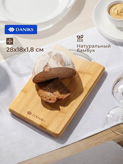 Доска разделочная бамбук, 28х18х1.8 см, с ручкой, прямоугольная, Daniks, H-1080S