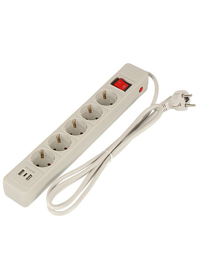 Сетевой фильтр 5 гнезд, 3 м, ПВС, 3х1 мм², с заземлением, 16 А, +2USB +TYPE C, 3.5 кВт, серый, Jett, 171-503