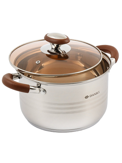 Кастрюля нержавеющая сталь, 3.8 л, крышка стекло, Daniks, Веллингтон, GS-01415-20CA, индукция