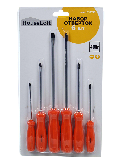Набор отверток 6 предметов, HauseLoft, PH 0,1,2/ SL 3,5,6, однокомпонентная ручка, CrV сталь