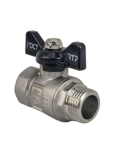 Кран для воды, 1", г-ш, латунь, ручка-бабочка, никель, ГОСТ, PN40, RTP