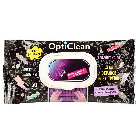 Салфетки влажные Opti Clean, 50 шт, для экранов всех типов, 72015