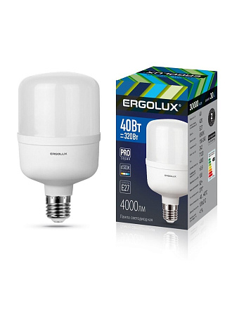 Лампа светодиодная E27, 40 Вт, 320 Вт, 150-240 В, цилиндрическая, 6500 К, холодный белый свет, Ergolux, LED-HW-40 PRO