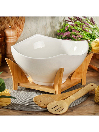 Салатник керамика, квадратный, 26х13 см, 2.85 л, 4 предмета, на бамбуковой подставке, Y4-6283