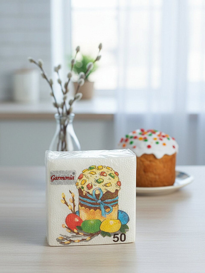 Салфетки бумажные Гармония Цвета, Пасхальный кулич, 50 шт, 24х24 см