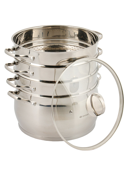 Мантоварка нержавеющая сталь, 28 см, 9.8 л, 4 секции, Daniks, крышка стекло, индукция, металлические ручки, GS-01372-284ST