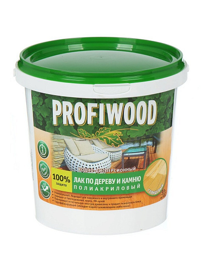 Лак Profiwood, по дереву и камню, водно-дисперсионный, глянцевый, полиакриловый, для внутренних и наружных работ, 0.9 кг