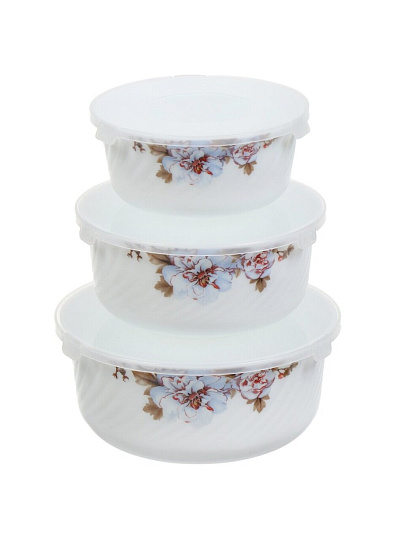 Салатник стеклокерамика, круглый, 3 шт, 9 см, 19, 16, 14 см, 0.5, 0.8, 1.4 л, с крышкой, Орлеан, Daniks, BY14HDW-3-T36