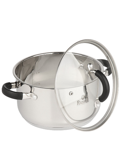 Кастрюля нержавеющая сталь, 3.6 л, крышка стекло, ручки силикон, RasheL, R-300к, индукция