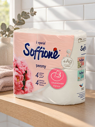 Туалетная бумага Soffione, Imperial Peony, 4 слоя, 4 шт, 15.6 м, с втулкой, белая