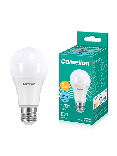 Лампа светодиодная E27, 17 Вт, 160 Вт, 220 В, груша, 4000 К, нейтральный белый свет, Camelion, 12309