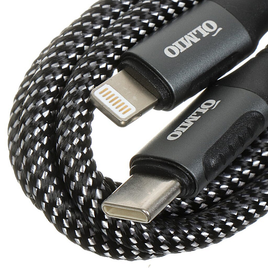 Кабель USB, OLMIO, Type-C to Lightning 8-pin, 3.3 А, 1.2 м, ткань усиленный, черный, 041631