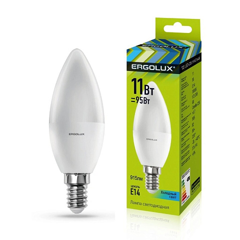 Лампа светодиодная E14, 11 Вт, 95 Вт, свеча, 4500 К, свет холодный белый, Ergolux