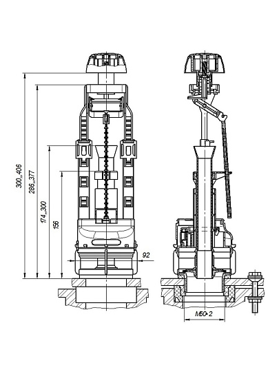 Клапан для бачка унитаза пластик, однорежимный, кнопочный, хром, сливной, Инкоэр, СБкпм-А Р