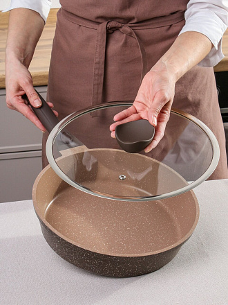 Сковорода литой алюминий, 26 см, антипригарное покрытие, Горница, Дуэт Шоколадный мусс, с крышкой, съемная ручка, индукция, Ис8264Дш