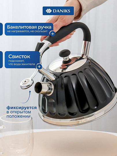 Чайник нержавеющая сталь, 3 л, со свистком, ручка бакелитовая, Daniks, индукция, черный, GS-04611B