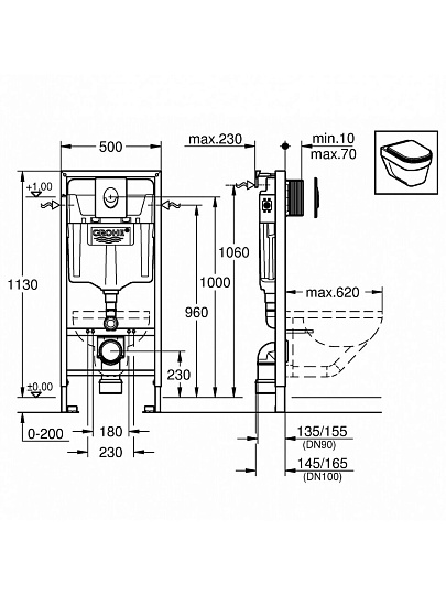 Инсталляция Grohe, Rapid SL 3 в 1, с овальной кнопкой металлик, без унитаза