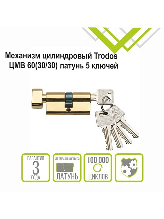 Личинка замка двери Trodos, ЦМВ, 209202, 60 мм, с заверткой, золото, блистер, 5 ключей