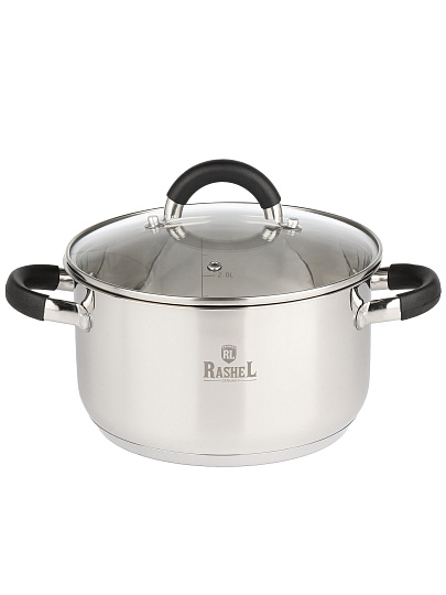 Кастрюля нержавеющая сталь, 3.6 л, крышка стекло, ручки силикон, RasheL, R-300к, индукция